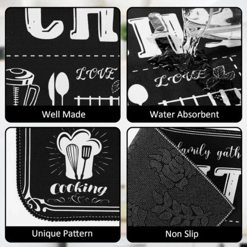New 3-Piece Black Kitchen Rug Set, Non-Skid Anti-Fatigue Stain-Resistant Mats